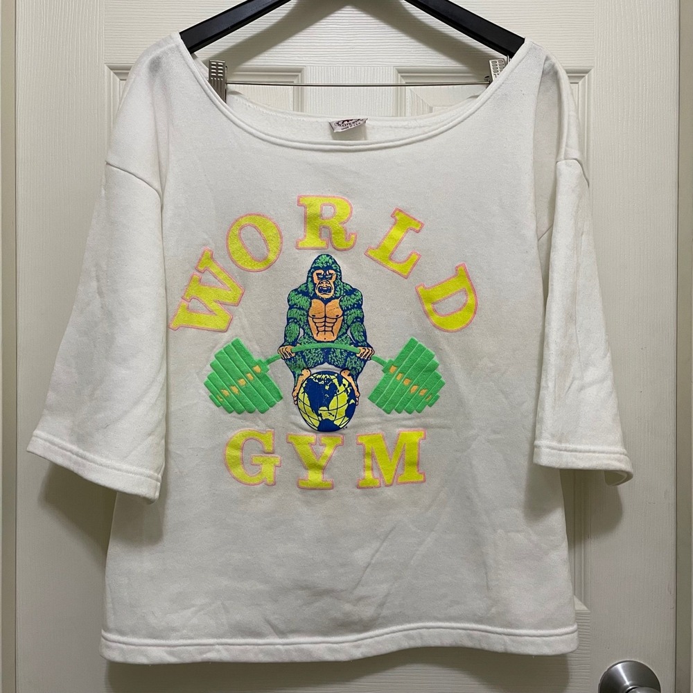 Vintage World Gym Cut Off Sweatshirt Off Shoulder Gorilla Weightlifting 80s‎ 90s